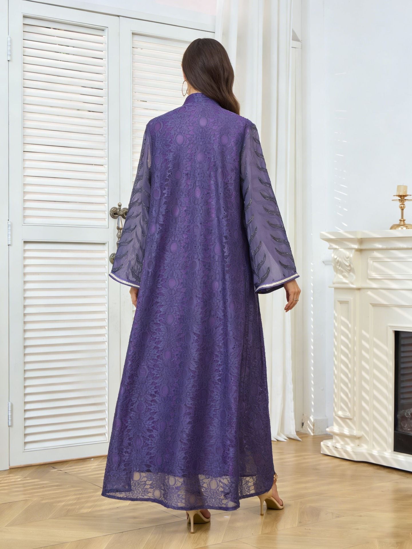 MH129 Beaded Embroidered Abaya Set – Elegant Mesh Modest Eid Dress for Muslim Women