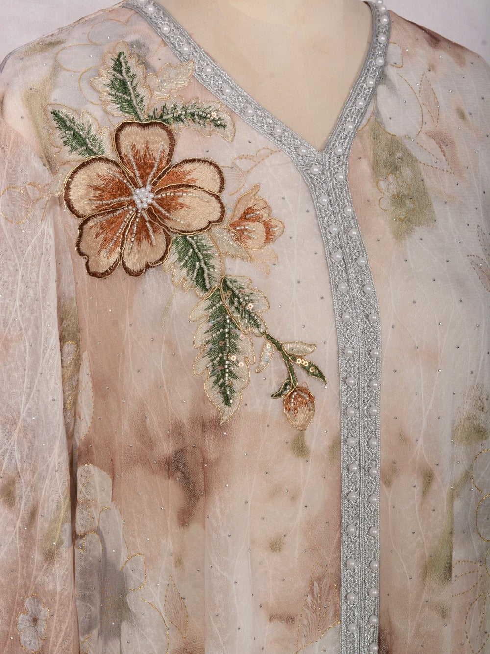MH131 Luxury Floral Print Beaded Abaya Dress – Elegant Modest Eid Maxi Kaftan for Muslim Women
