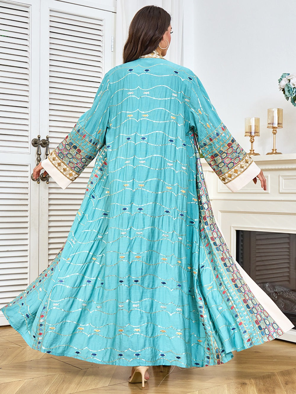 MH130 Luxury Beaded Open Abaya Set – Embroidered Modest Eid Kimono Dress for Muslim Women