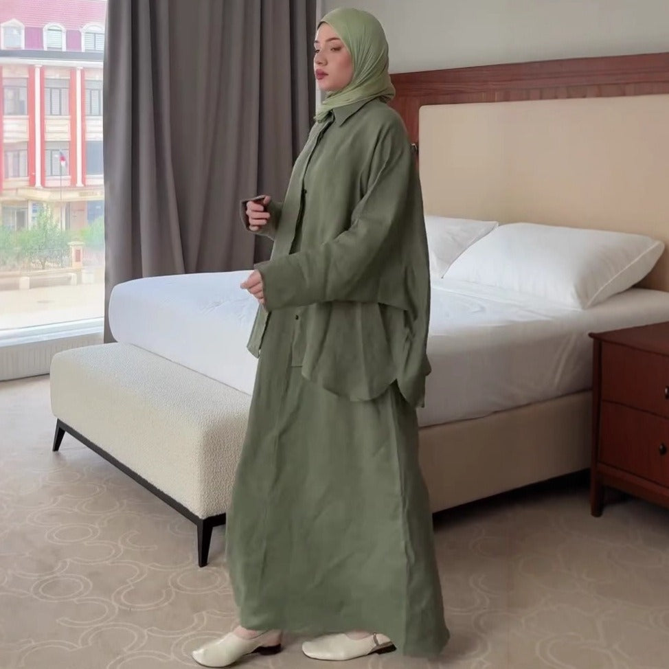 | Retro Lapel Cardigan Shirt & Long Skirt Set | Loose Modest | view 13 | Maha The Label modest fashion outfit