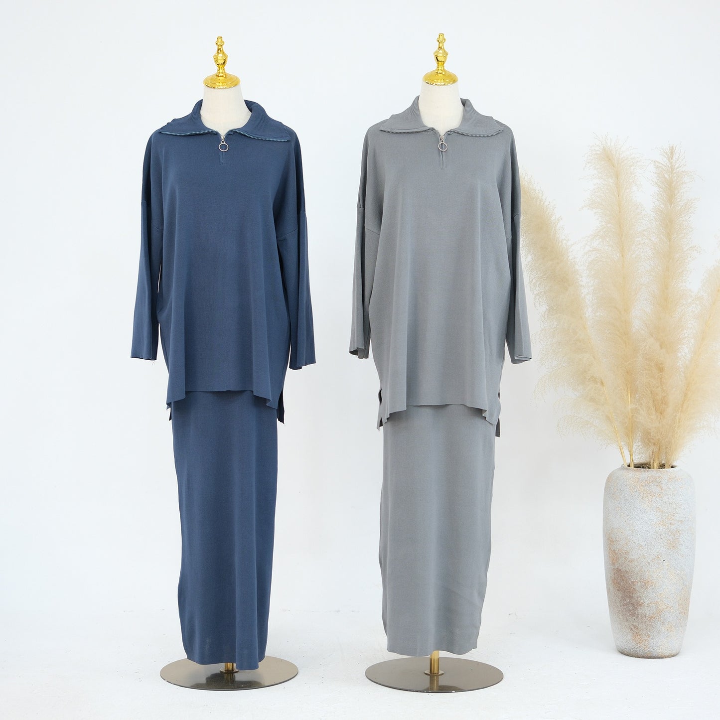 MH99 Thick Knit Two-Piece Set – Loose Sweater & Maxi Skirt for Winter