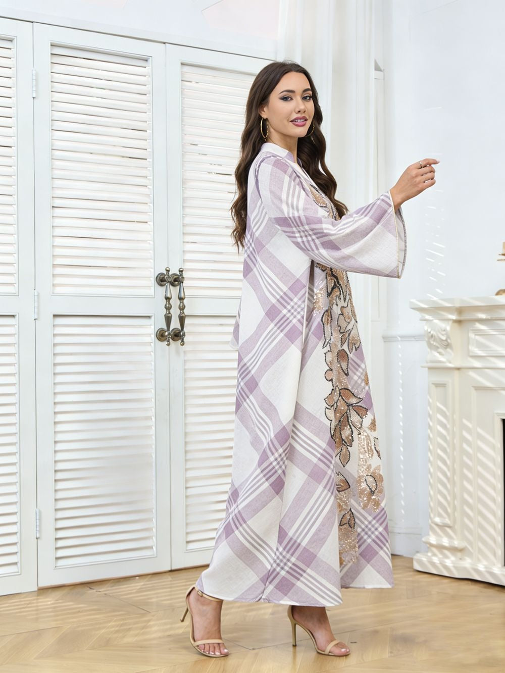MH128 Plaid Sequin Embroidered Abaya Dress – Elegant Modest Party Maxi for Muslim Women