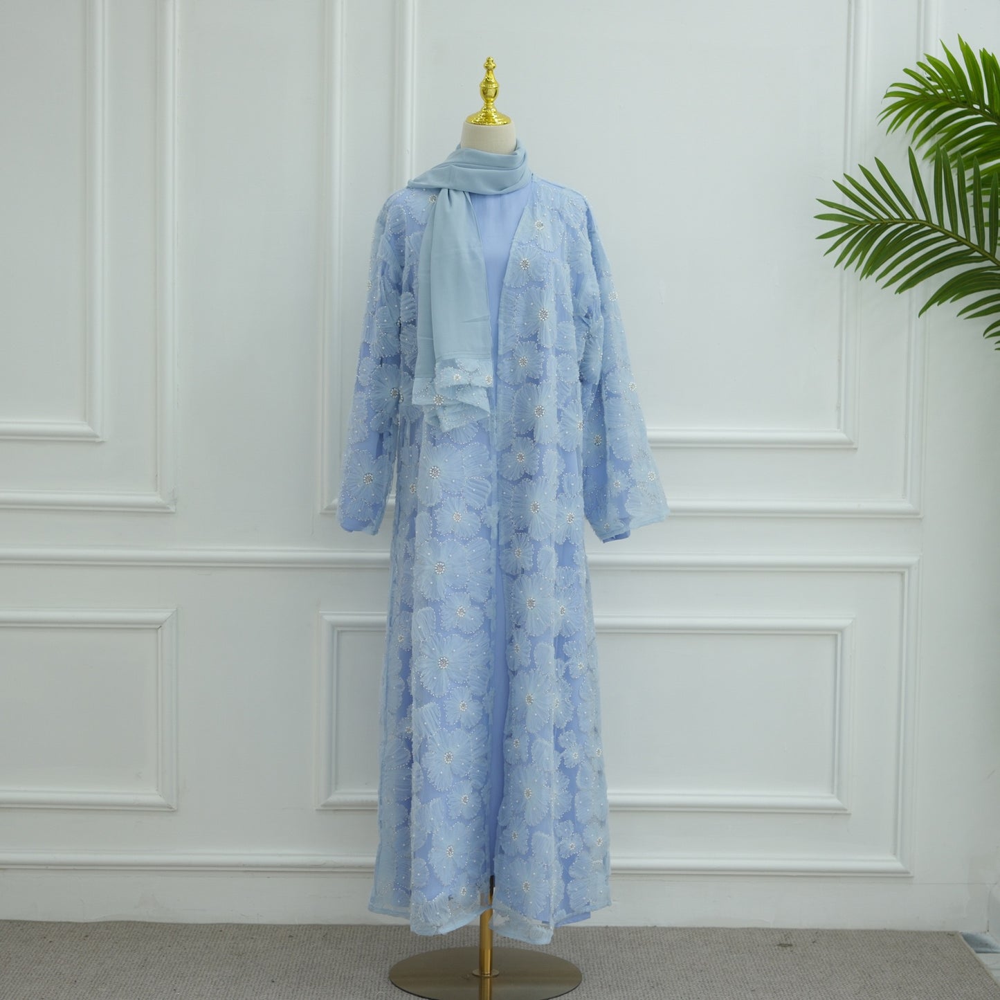 MH90 Beaded Lace Abaya Set – Embroidered Open Abaya, Optional Hijab & Inner Dress