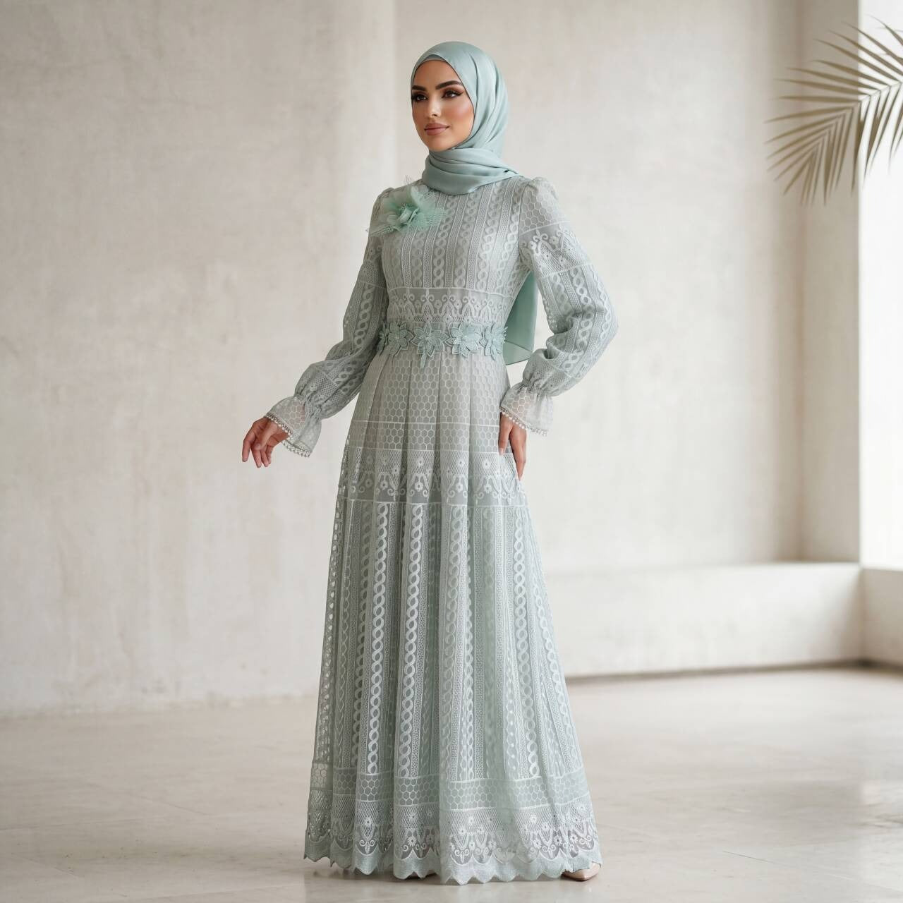 MH134 Elegant Embroidered Double Layer Abaya Dress – Luxury Modest Maxi Gown for Muslim Women
