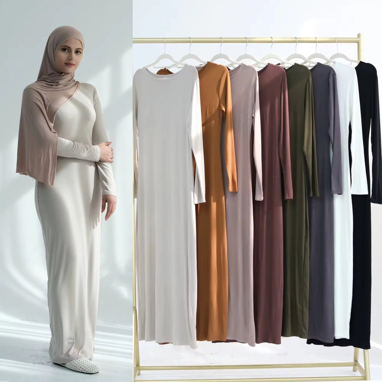 LM85 Modal Cotton Abaya Dress — Plain Solid Long Sleeve Maxi, Hijab-Friendly, Optional Inner/Base Dress (Scarf Not Included)