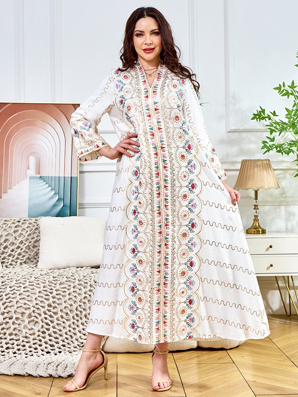 MH132 Sequin Embroidered Abaya Dress – Elegant V Neck Modest Maxi Kaftan for Muslim Women