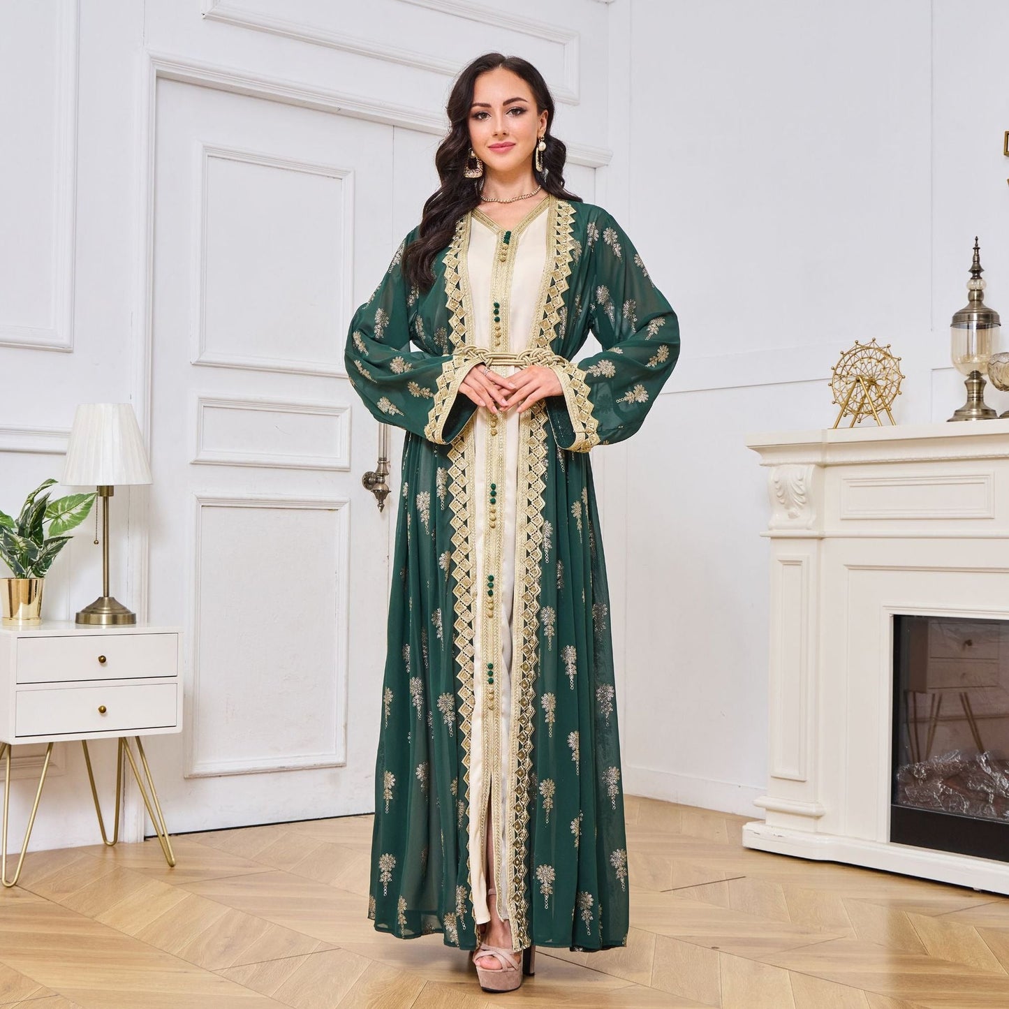 MH127 Embroidered Two Piece Abaya Set – Luxury Open Front Cardigan Abaya Dress for Eid & Formal Wear