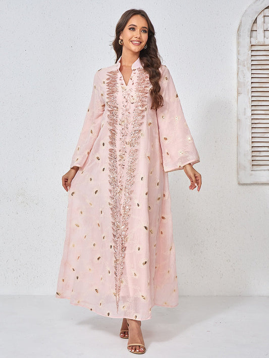 MH133 Luxury Embroidered Sequin Abaya Dress – Elegant Pink Modest Kaftan for Eid & Special Occasions