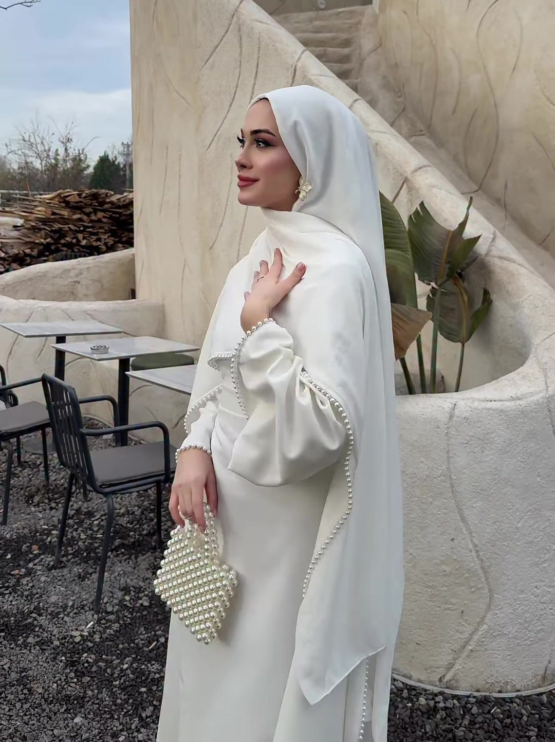 MH123 Pearl Trim Khimar Abaya Dress Set – Elegant Brown Modest Maxi Dress