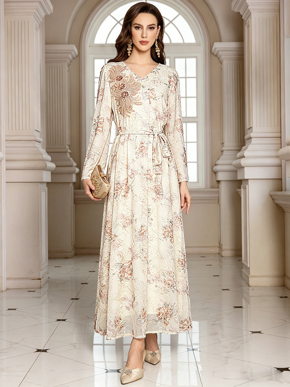 MH124 Floral Lace Modest Maxi Dress for Muslim Women – Elegant Long Sleeve Eid Dress