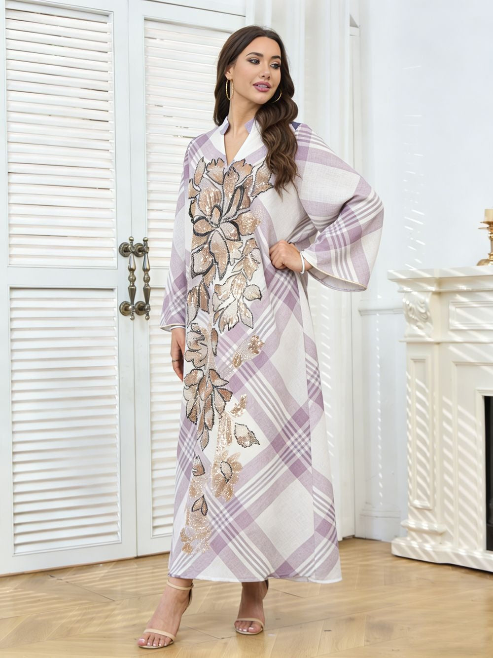 MH128 Plaid Sequin Embroidered Abaya Dress – Elegant Modest Party Maxi for Muslim Women