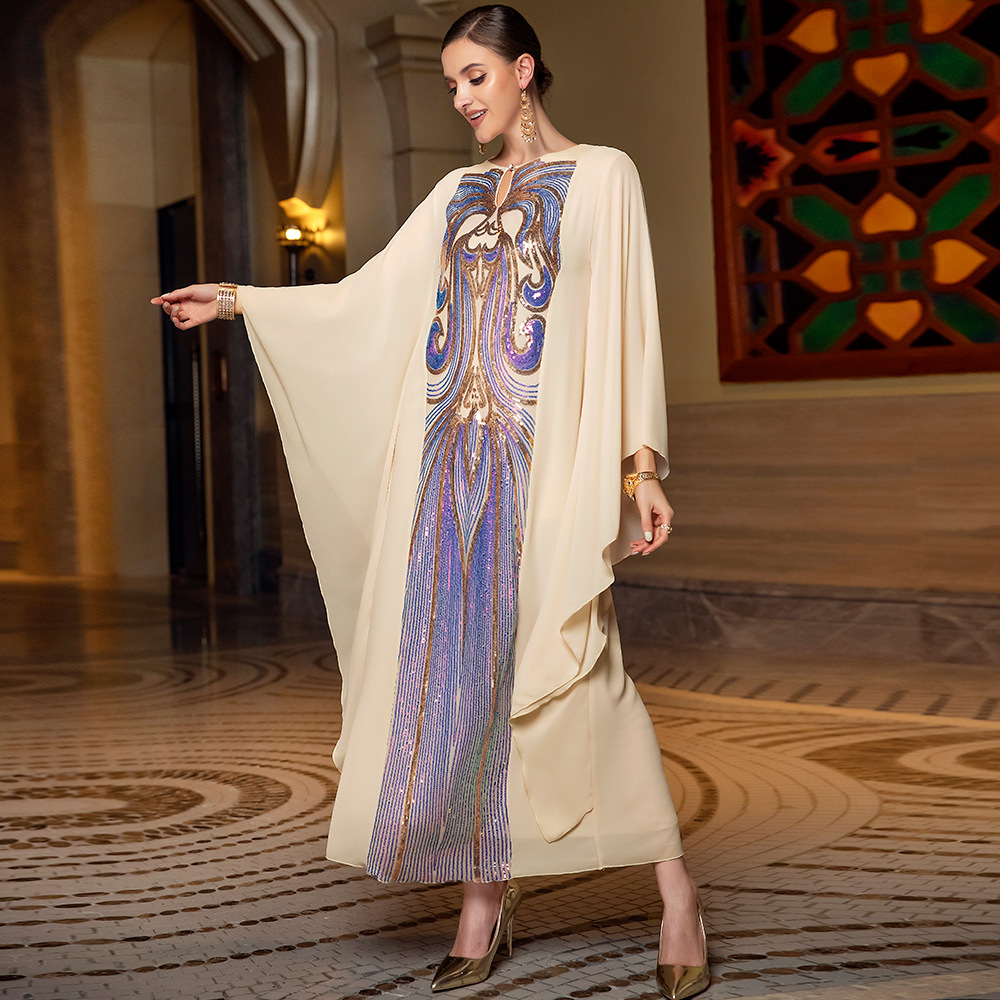 MH125 Luxury Beige Butterfly Sleeve Sequin Abaya Dress – Elegant Eid Kaftan for Muslim Women