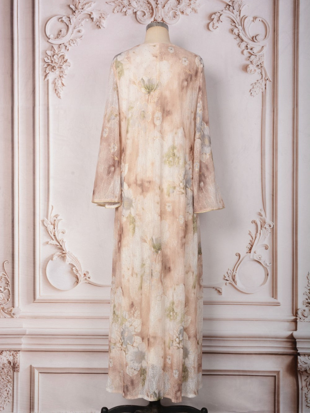 MH131 Luxury Floral Print Beaded Abaya Dress – Elegant Modest Eid Maxi Kaftan for Muslim Women