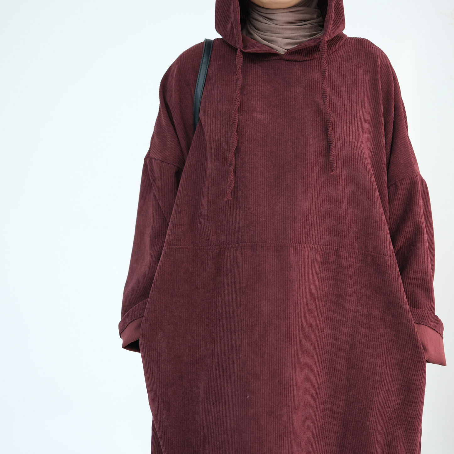 MH95 Corduroy Hooded Abaya with Pockets – Winter Casual Maxi Dress