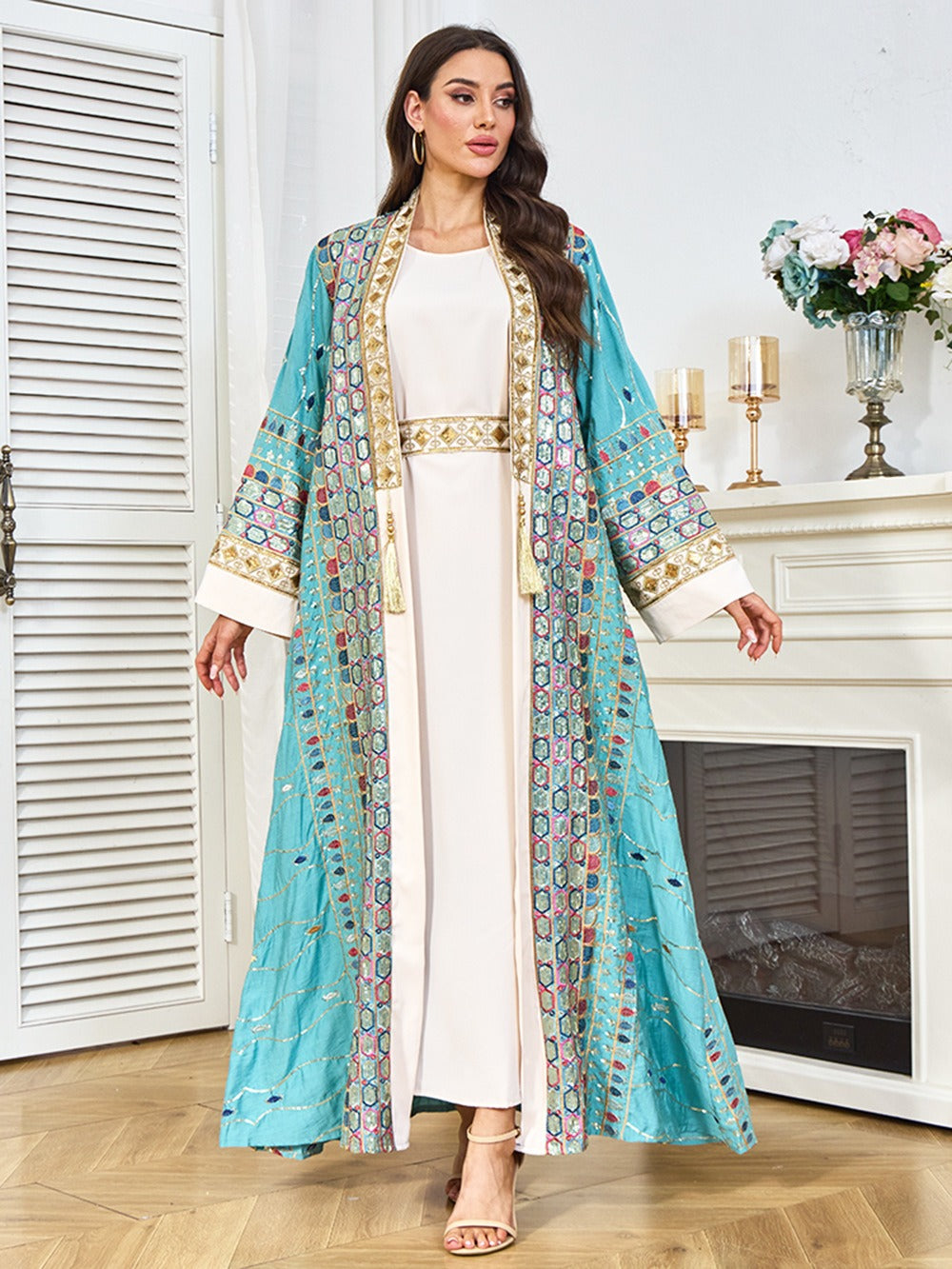 MH130 Luxury Beaded Open Abaya Set – Embroidered Modest Eid Kimono Dress for Muslim Women