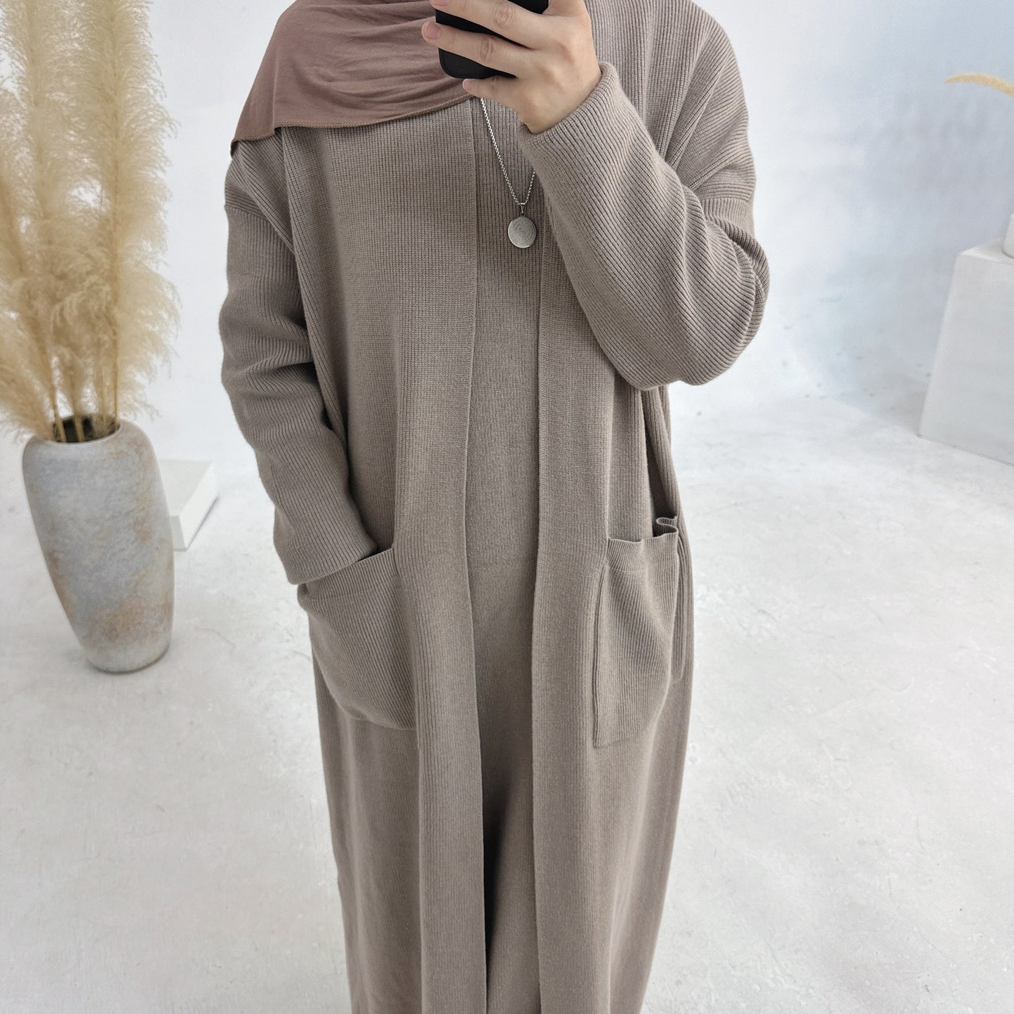 MH82 Winter Knit Abaya Set – 2-Piece Modest Co-ord (Open Cardigan + Inner Dress) with Pockets