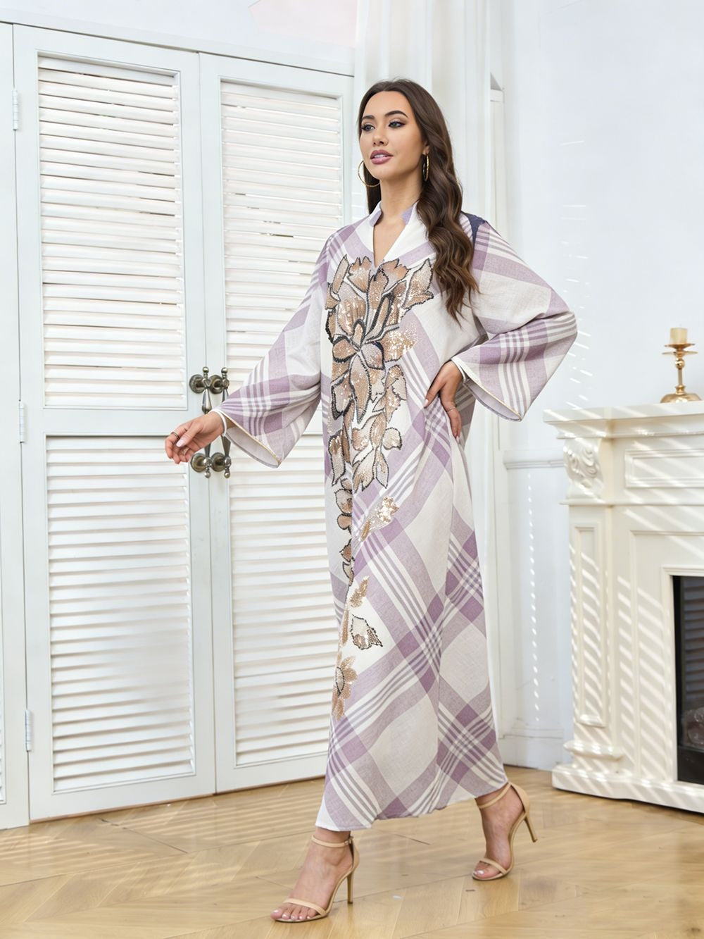 MH128 Plaid Sequin Embroidered Abaya Dress – Elegant Modest Party Maxi for Muslim Women
