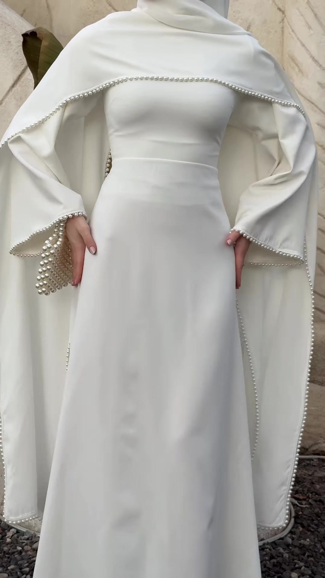 MH123 Pearl Trim Khimar Abaya Dress Set – Elegant Brown Modest Maxi Dress
