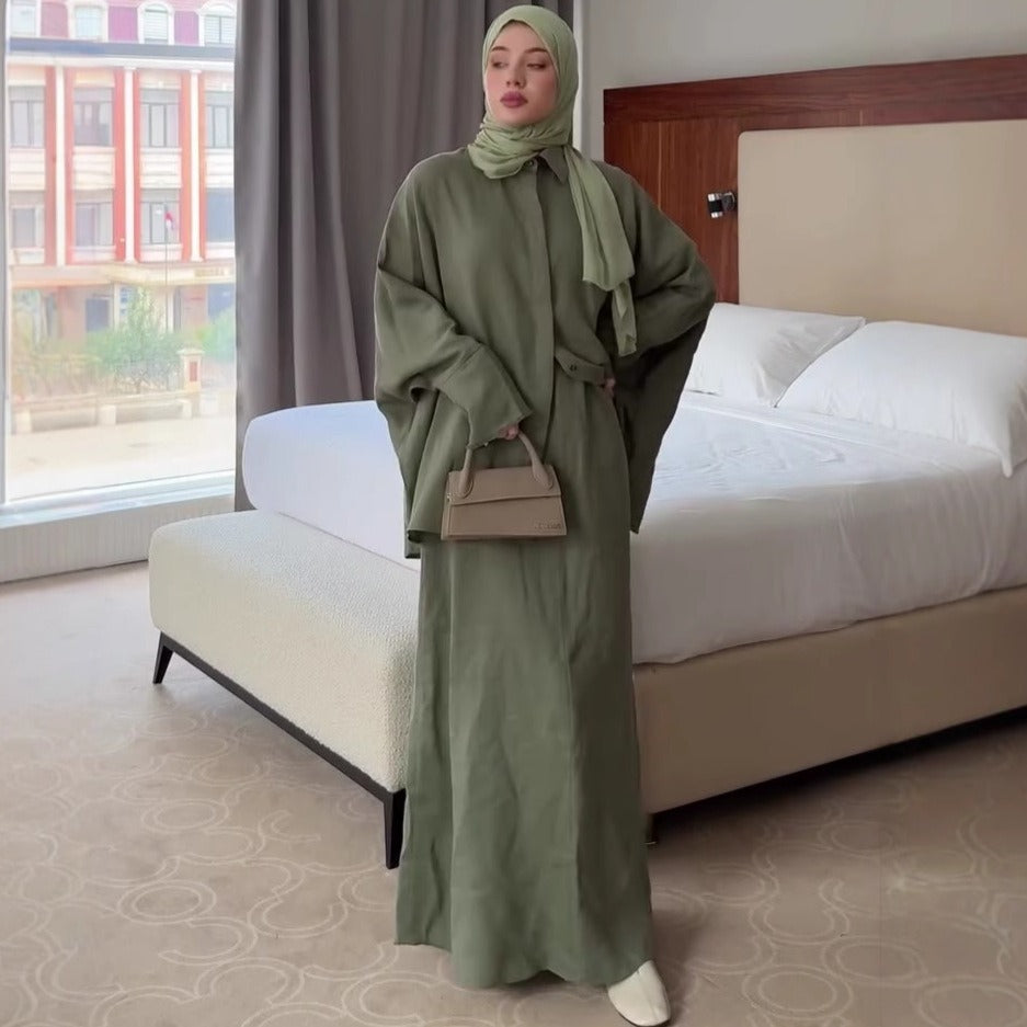 | Retro Lapel Cardigan Shirt & Long Skirt Set | Loose Modest | view 11 | Maha The Label modest fashion outfit