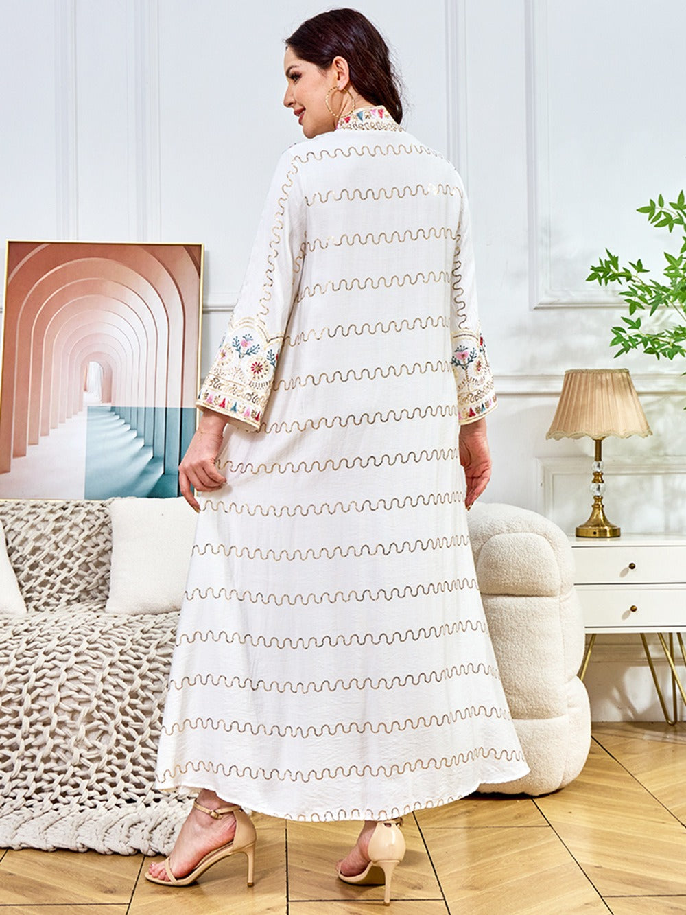 MH132 Sequin Embroidered Abaya Dress – Elegant V Neck Modest Maxi Kaftan for Muslim Women