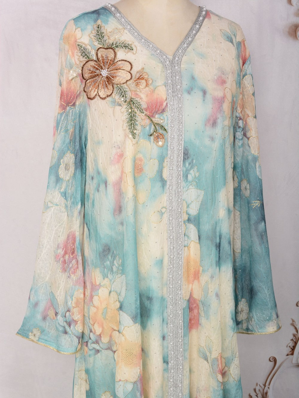 MH131 Luxury Floral Print Beaded Abaya Dress – Elegant Modest Eid Maxi Kaftan for Muslim Women