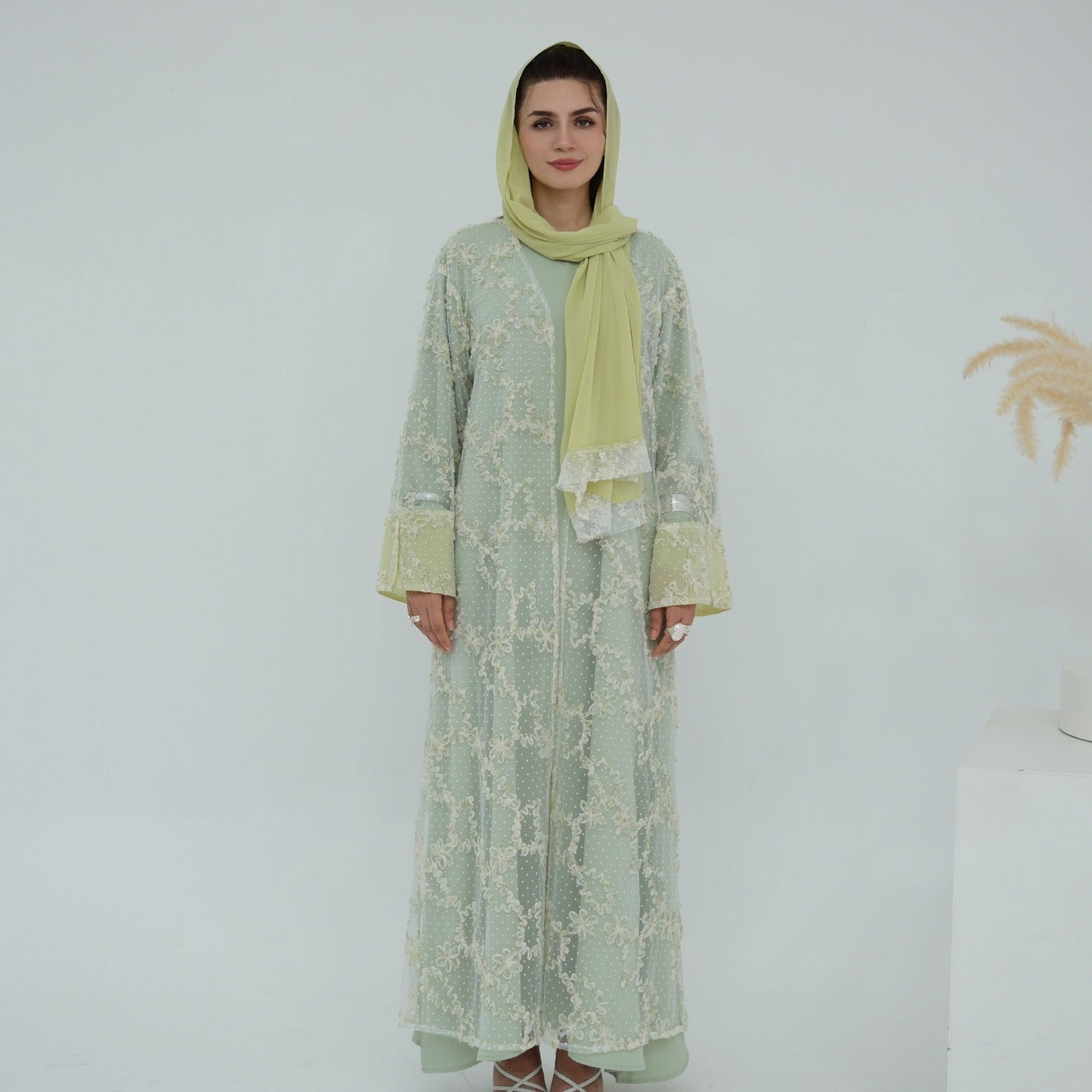 MH135 3D Floral Mesh Cardigan Abaya Set with Hijab – Elegant Modest Open Front Dress for Muslim Women