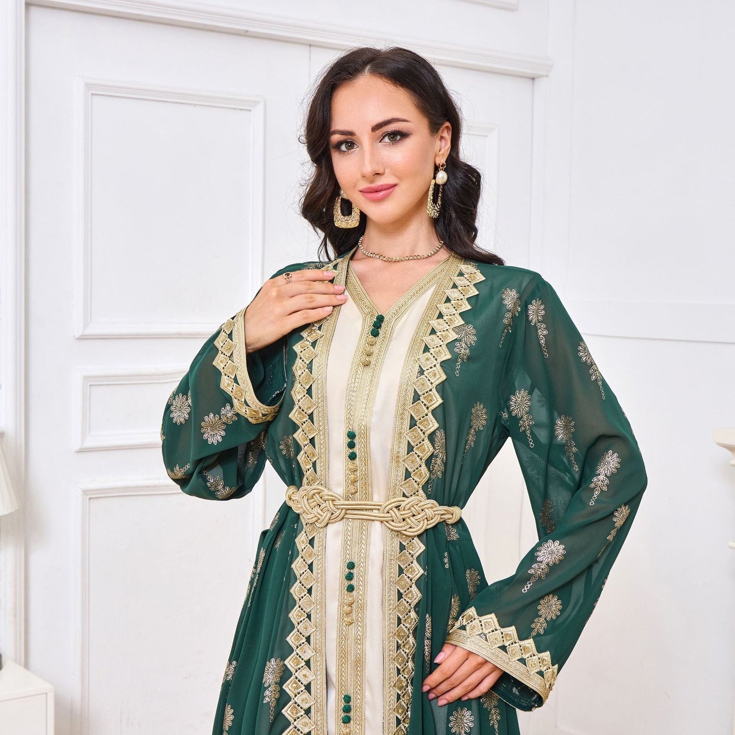 MH127 Embroidered Two Piece Abaya Set – Luxury Open Front Cardigan Abaya Dress for Eid & Formal Wear