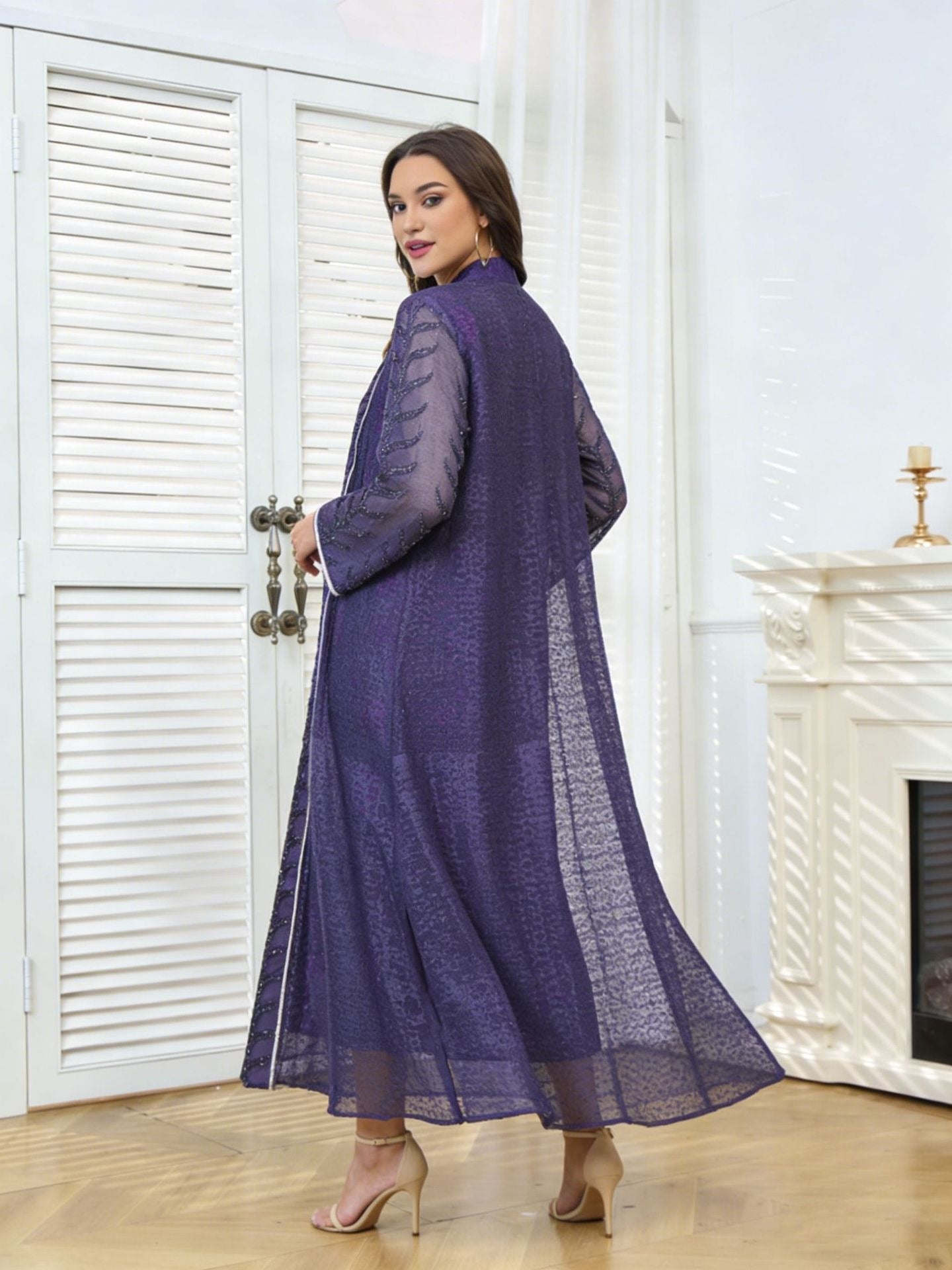 MH129 Beaded Embroidered Abaya Set – Elegant Mesh Modest Eid Dress for Muslim Women