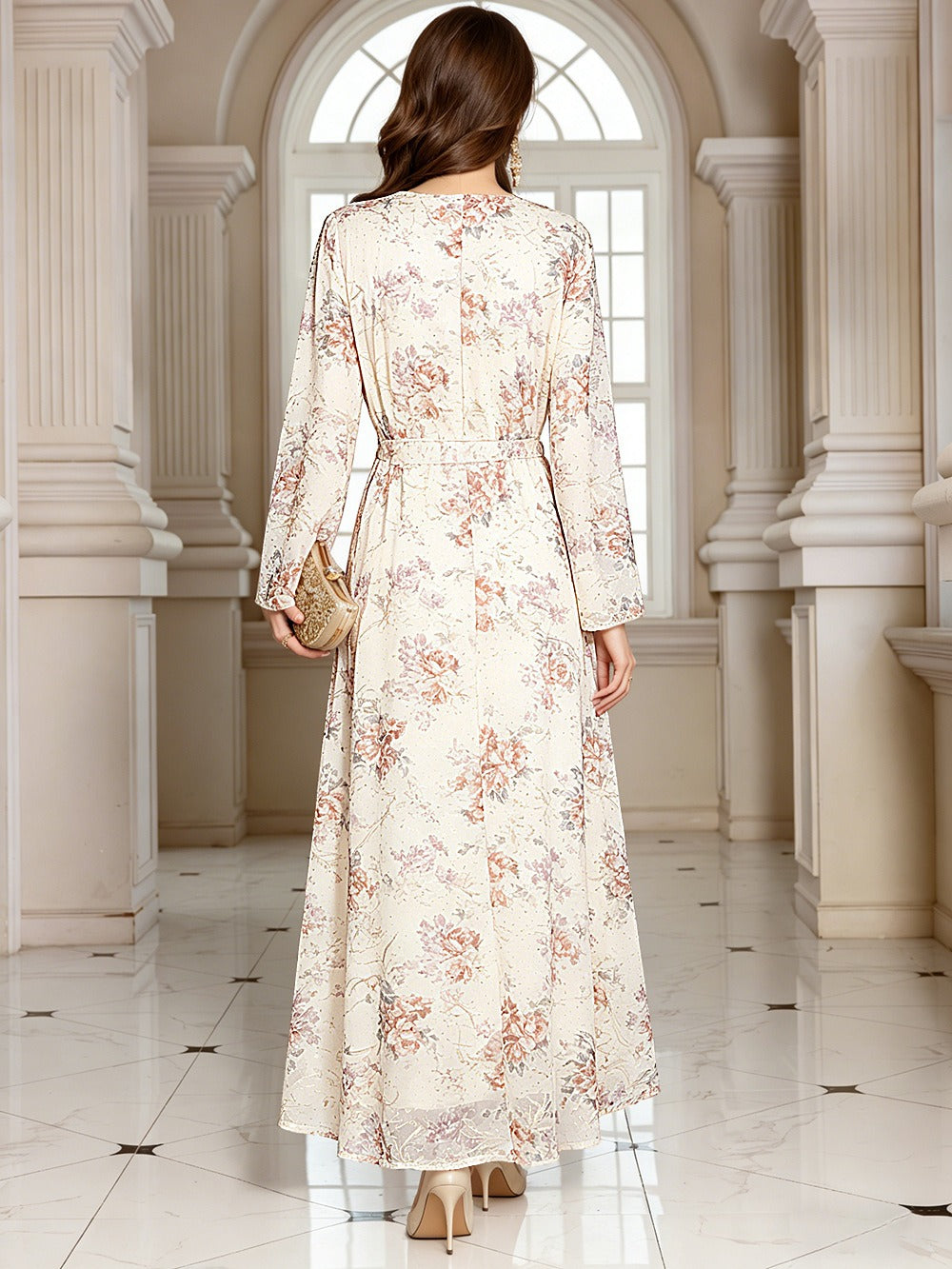 MH124 Floral Lace Modest Maxi Dress for Muslim Women – Elegant Long Sleeve Eid Dress