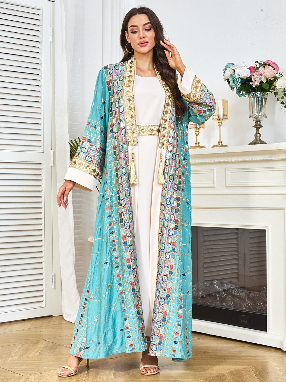 MH130 Luxury Beaded Open Abaya Set – Embroidered Modest Eid Kimono Dress for Muslim Women