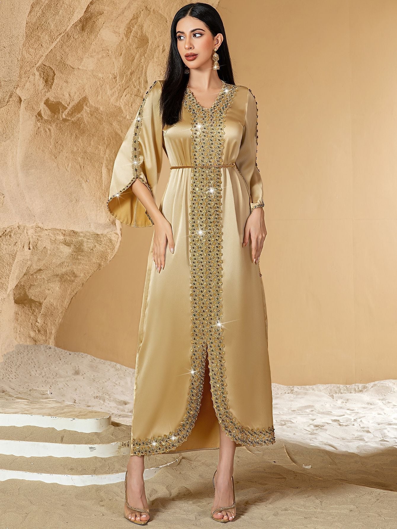 MH126 Luxury Champagne Beaded Lace Abaya Dress – Handmade Elegant Eid & Evening Kaftan