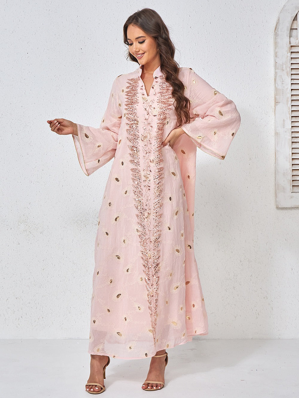 MH133 Luxury Embroidered Sequin Abaya Dress – Elegant Pink Modest Kaftan for Eid & Special Occasions