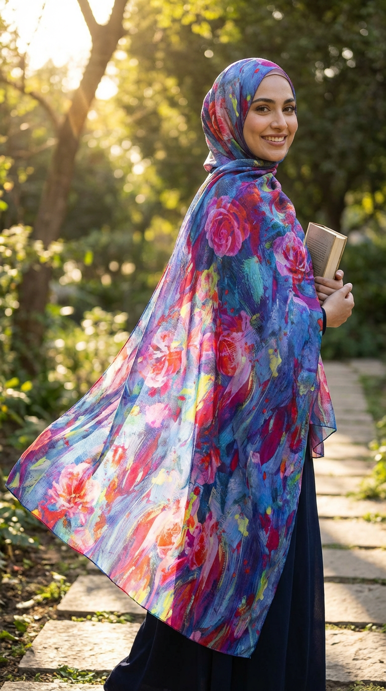 Deep Blue Rose Mulberry Silk Scarf - Luxury Print Shawl | Premium Gift