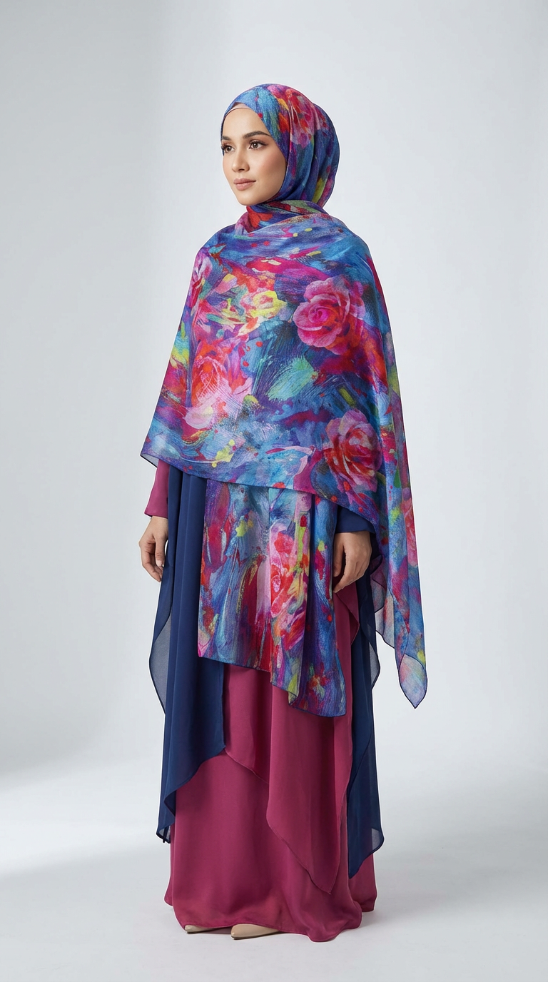 Deep Blue Rose Mulberry Silk Scarf - Luxury Print Shawl | Premium Gift