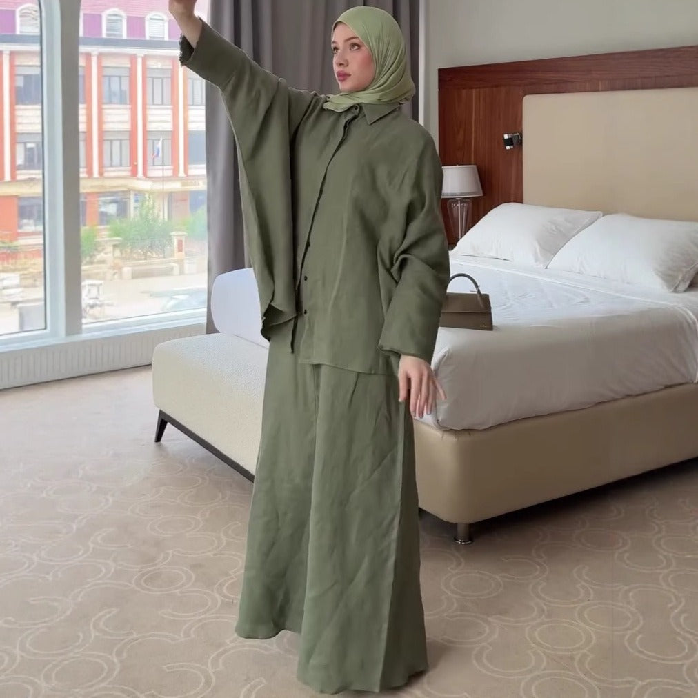 | Retro Lapel Cardigan Shirt & Long Skirt Set | Loose Modest | view 14 | Maha The Label modest fashion outfit