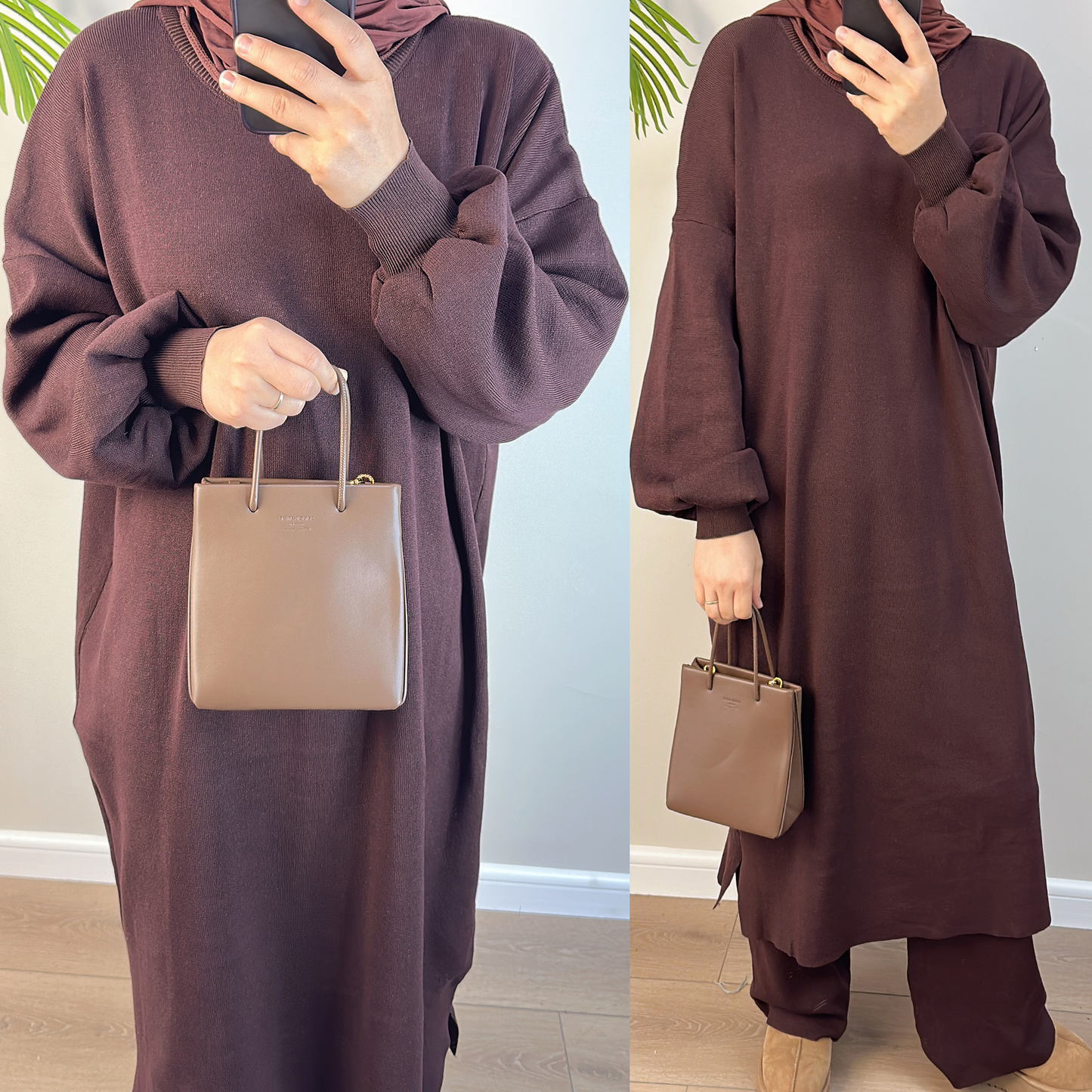 MH77 Thick Knit Sweater Dress + Wide-Leg Pants Set – Modest Two-Piece