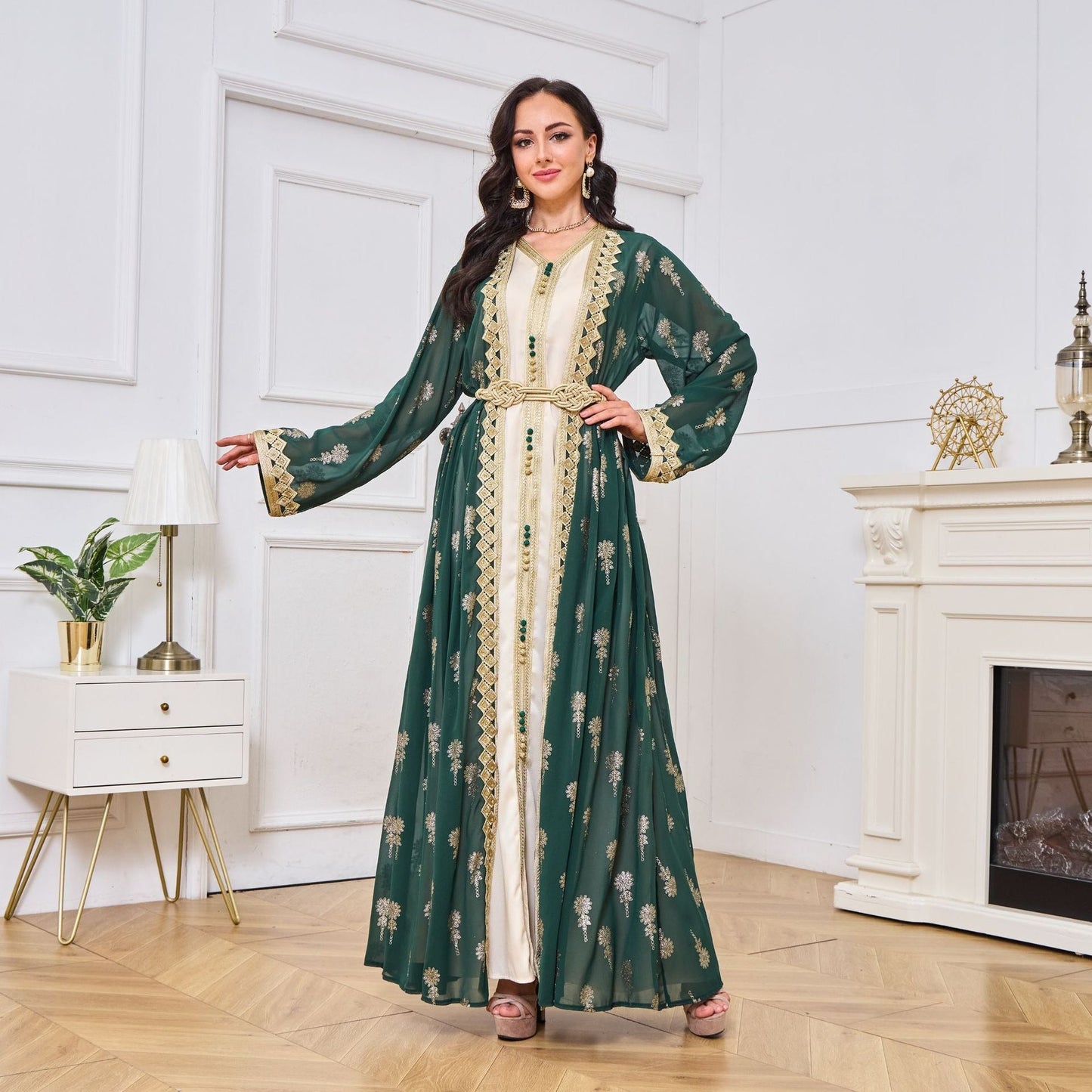 MH127 Embroidered Two Piece Abaya Set – Luxury Open Front Cardigan Abaya Dress for Eid & Formal Wear