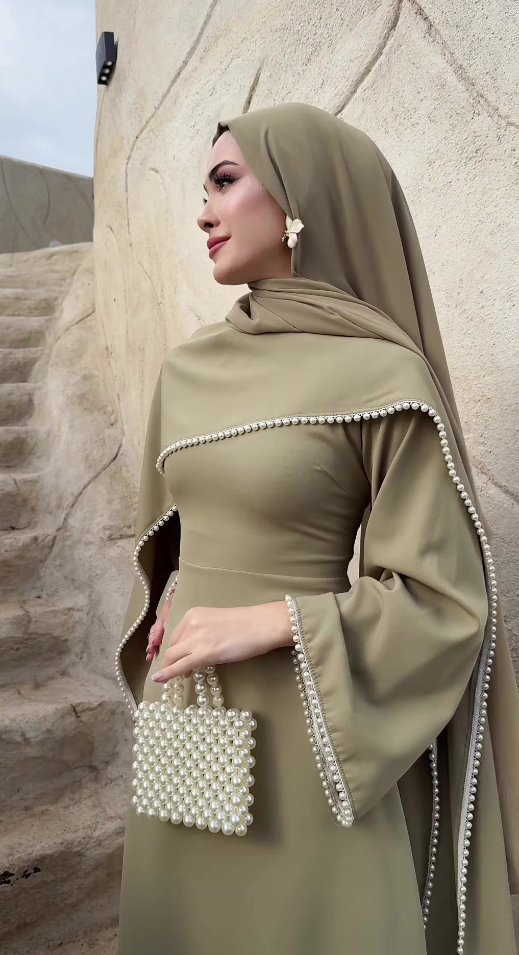MH123 Pearl Trim Khimar Abaya Dress Set – Elegant Brown Modest Maxi Dress