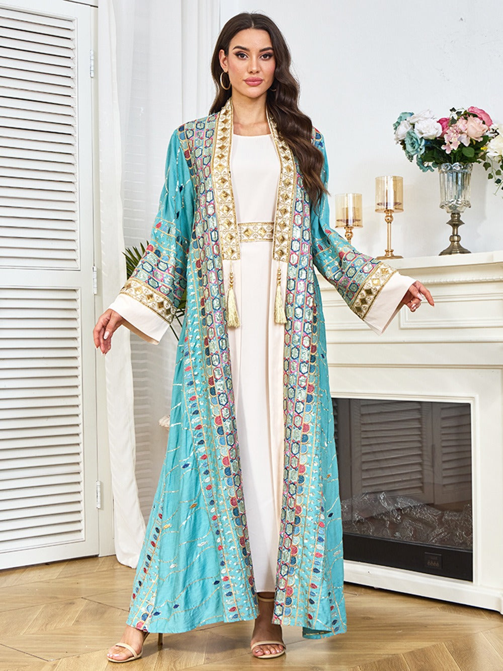 MH130 Luxury Beaded Open Abaya Set – Embroidered Modest Eid Kimono Dress for Muslim Women
