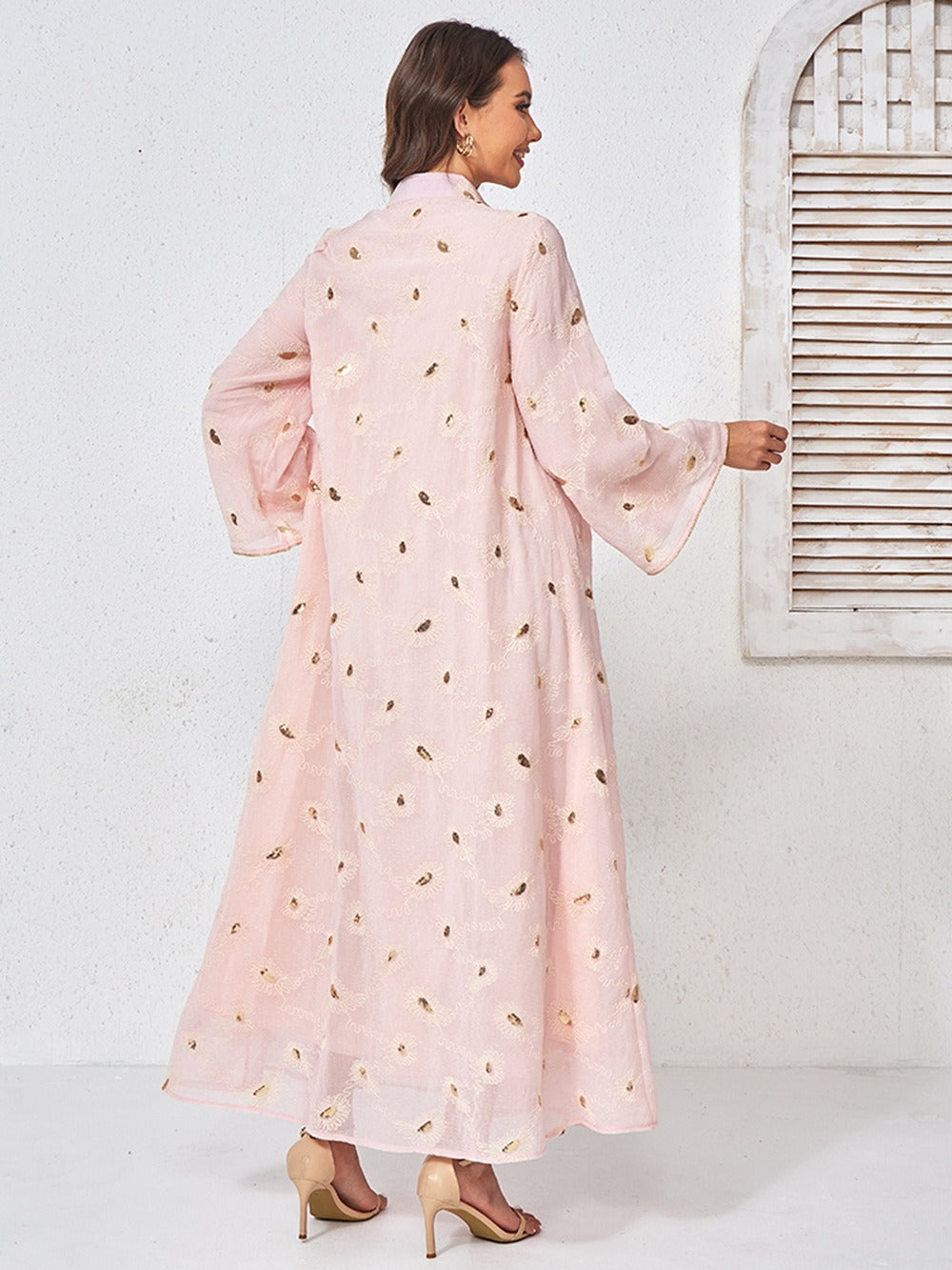 MH133 Luxury Embroidered Sequin Abaya Dress – Elegant Pink Modest Kaftan for Eid & Special Occasions