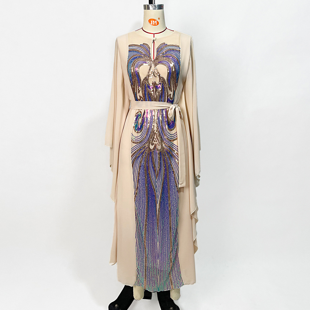 MH125 Luxury Beige Butterfly Sleeve Sequin Abaya Dress – Elegant Eid Kaftan for Muslim Women