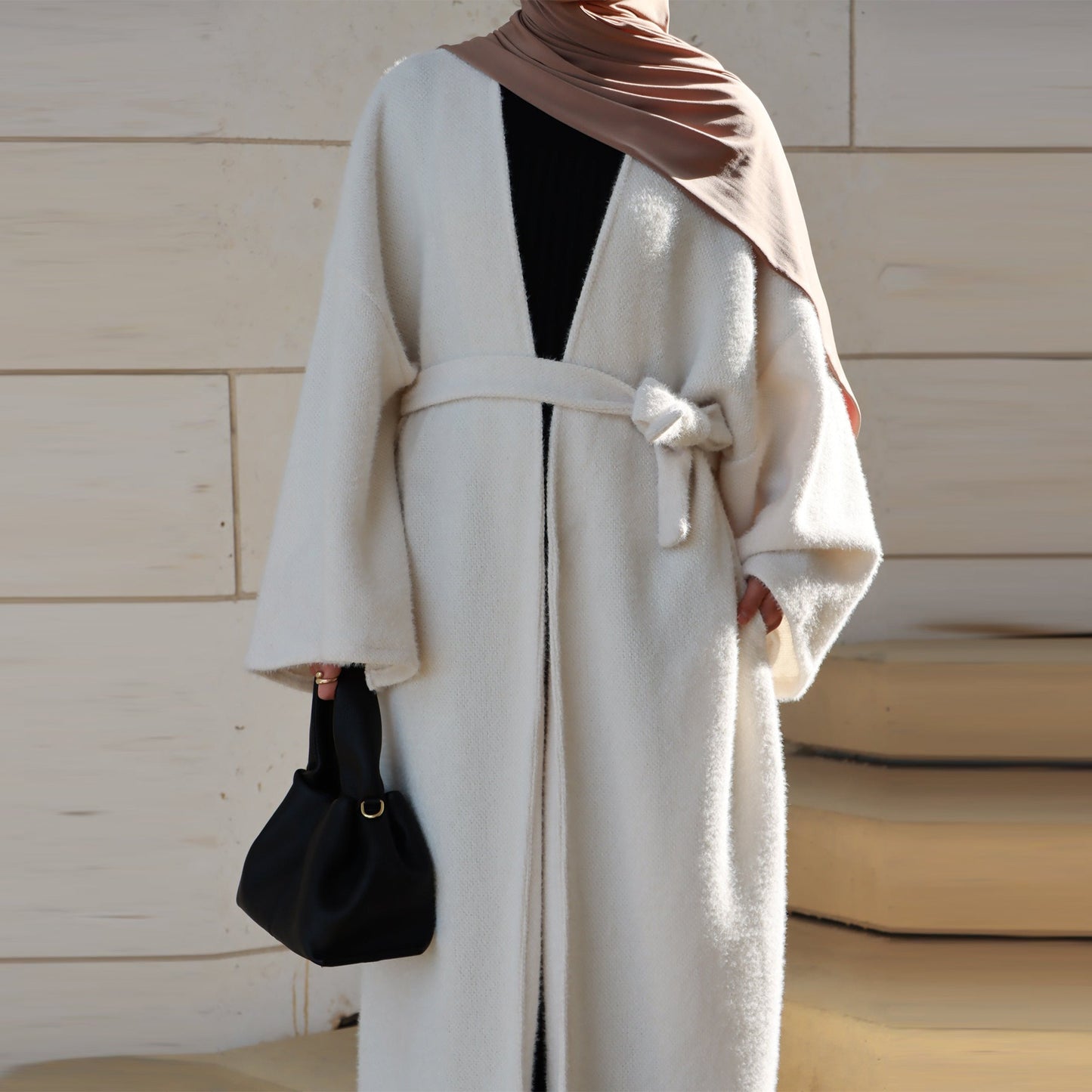 MH97 Velvet Open Abaya Cardigan with Belt – Long Sleeve Modest Outerwear