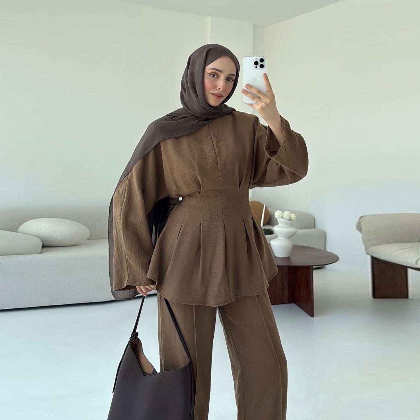 MH92 Modest Two-Piece Set – Ice-Silk Crepe Peplum Tunic & Wide-Leg Pants | Office • Travel • Eid Outfit