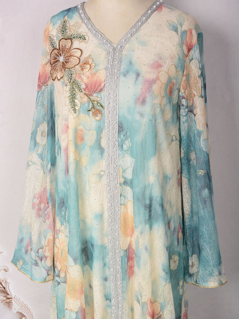 MH131 Luxury Floral Print Beaded Abaya Dress – Elegant Modest Eid Maxi Kaftan for Muslim Women
