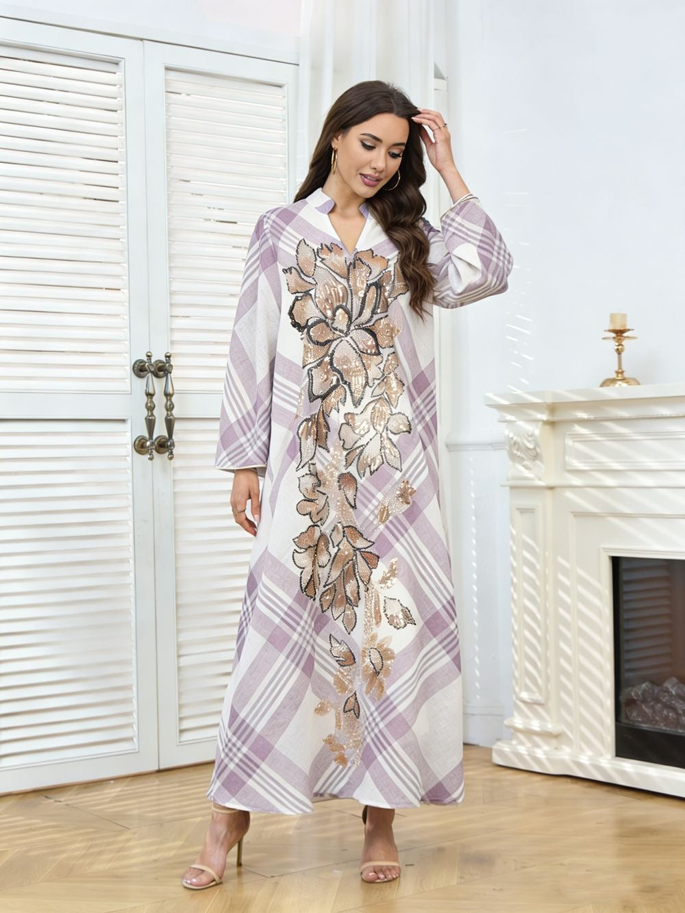 MH128 Plaid Sequin Embroidered Abaya Dress – Elegant Modest Party Maxi for Muslim Women