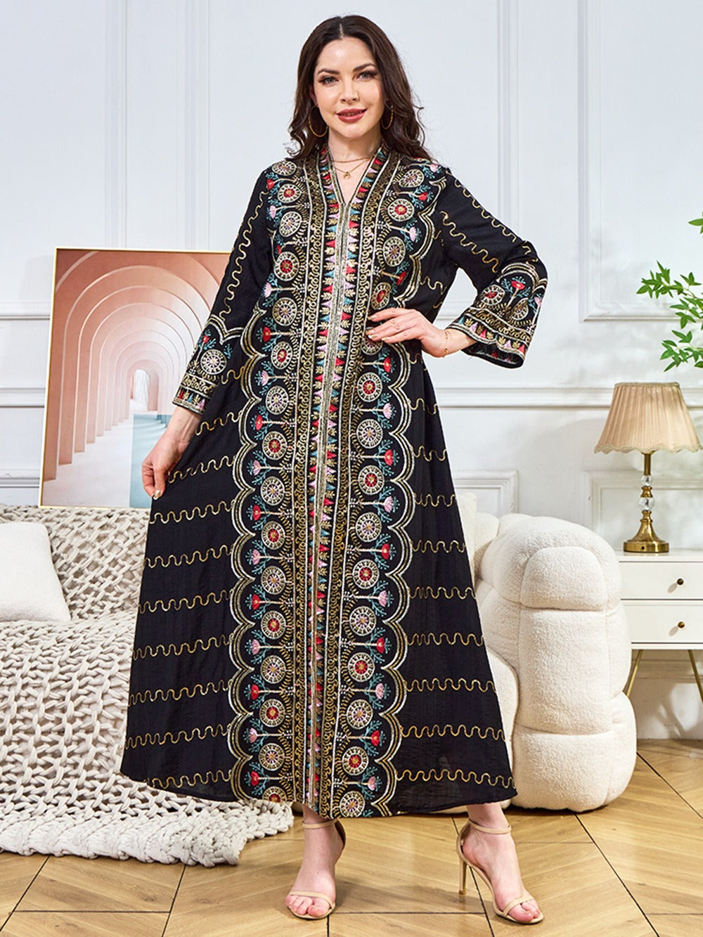 MH132 Sequin Embroidered Abaya Dress – Elegant V Neck Modest Maxi Kaftan for Muslim Women