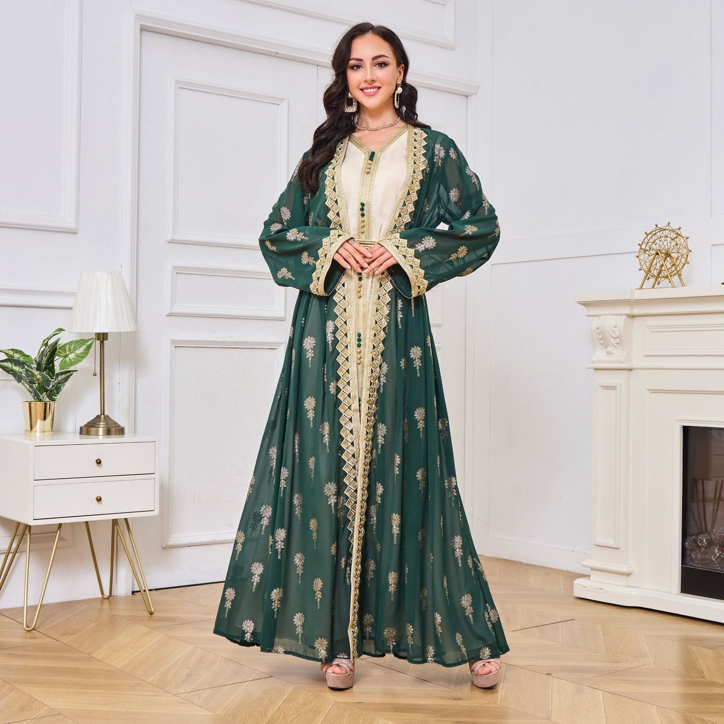 MH127 Embroidered Two Piece Abaya Set – Luxury Open Front Cardigan Abaya Dress for Eid & Formal Wear