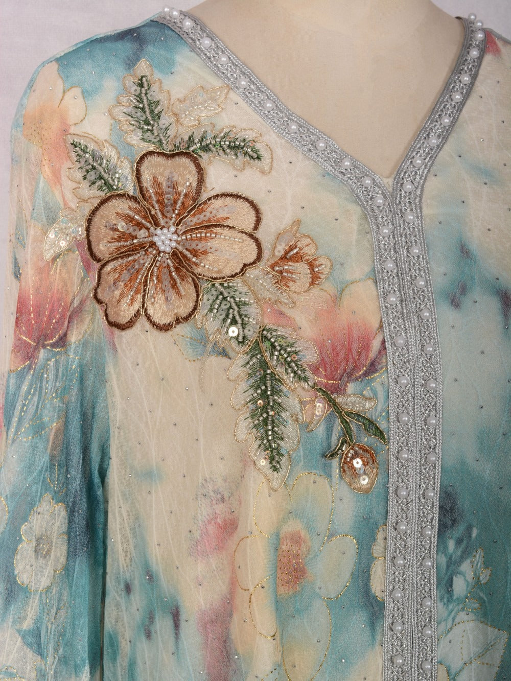 MH131 Luxury Floral Print Beaded Abaya Dress – Elegant Modest Eid Maxi Kaftan for Muslim Women