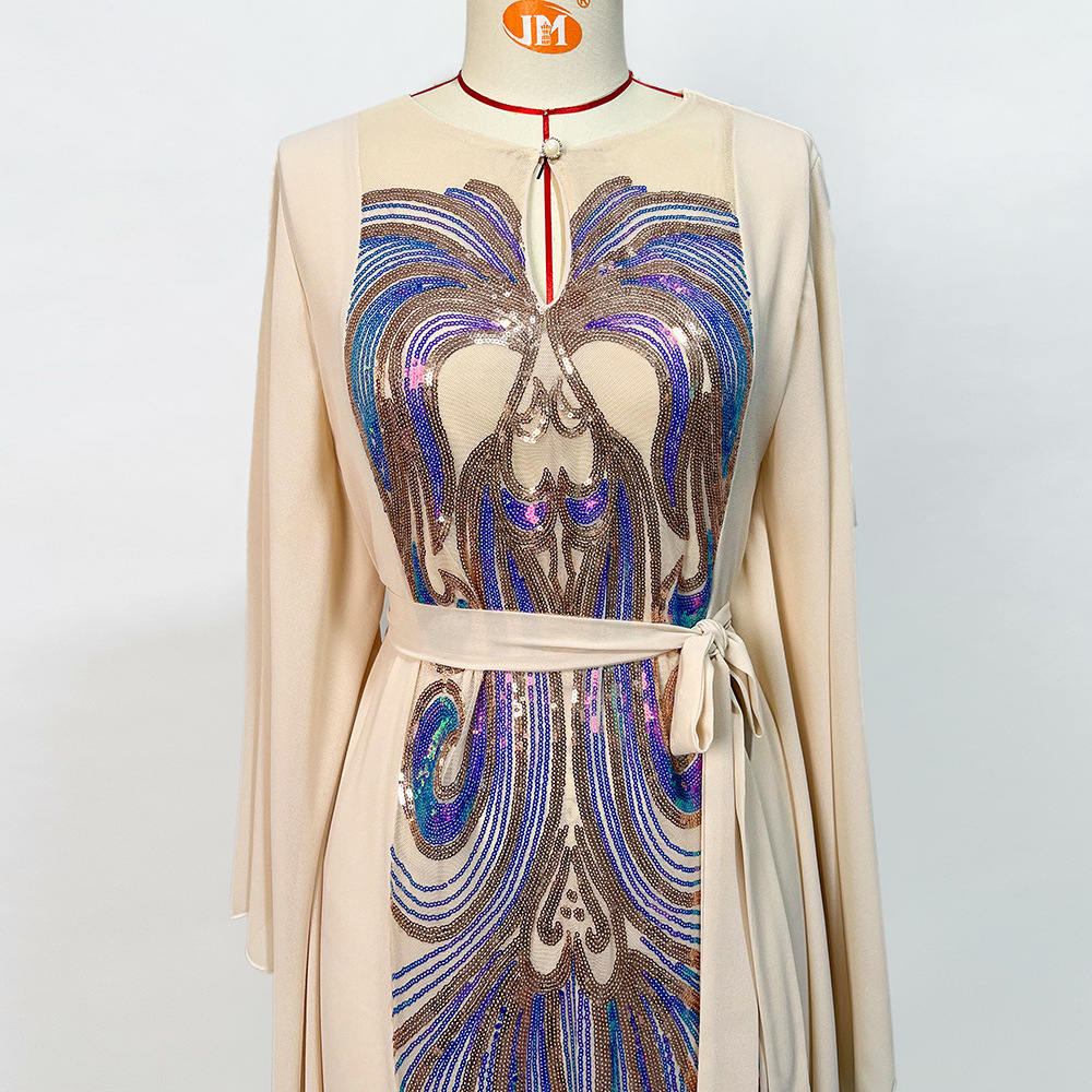 MH125 Luxury Beige Butterfly Sleeve Sequin Abaya Dress – Elegant Eid Kaftan for Muslim Women