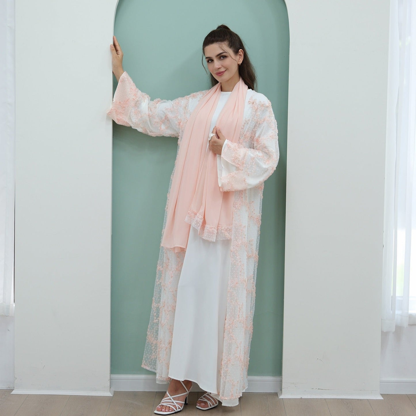 MH135 3D Floral Mesh Cardigan Abaya Set with Hijab – Elegant Modest Open Front Dress for Muslim Women